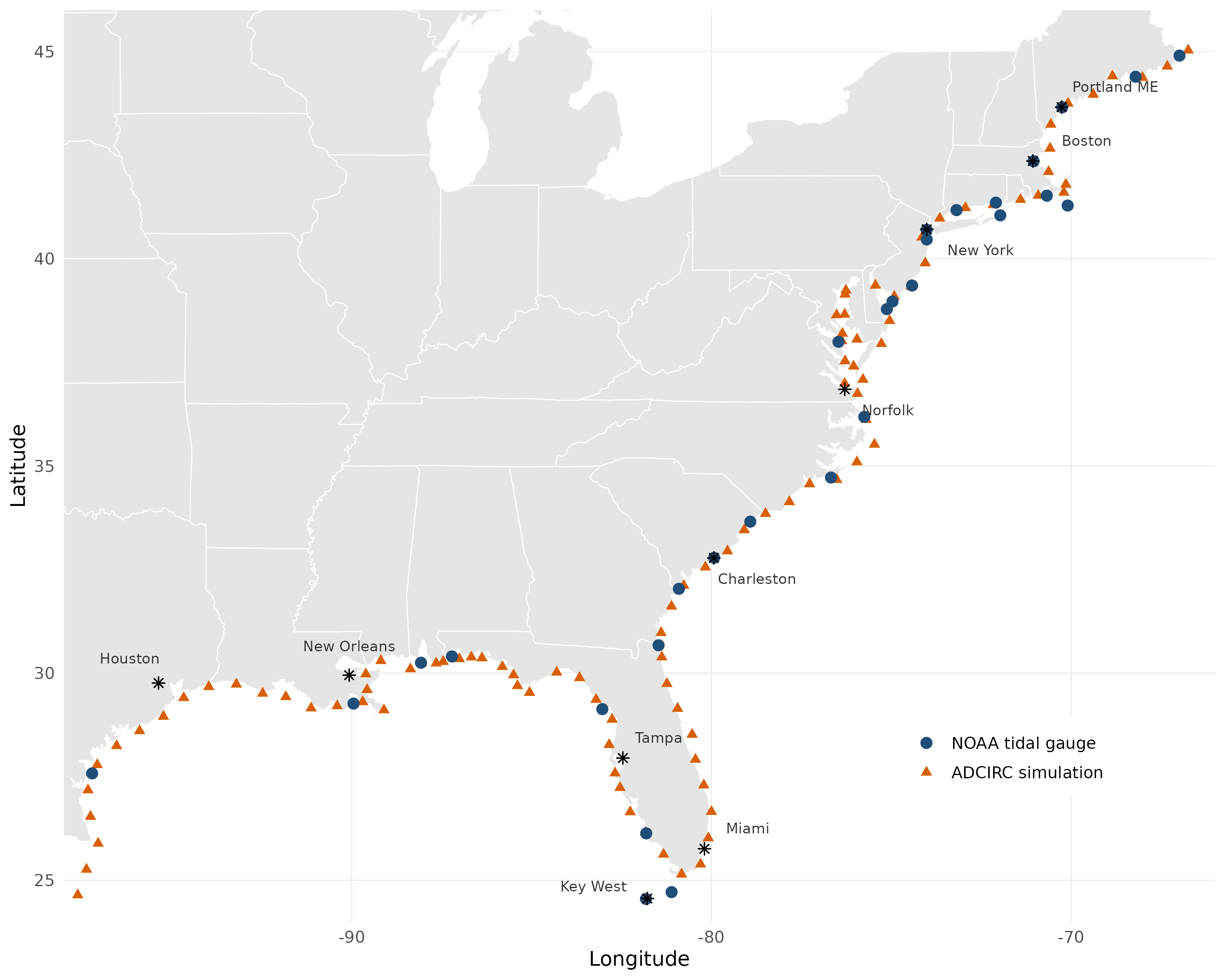Study area: 29 NOAA tide gauges and 100 ADCIRC simulation sites along the U.S. Gulf and Atlantic coasts